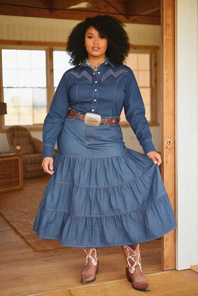 Plus Size Pearl Snap Western Shirt with Tiered Denim Skirt Cowgirl Outfit