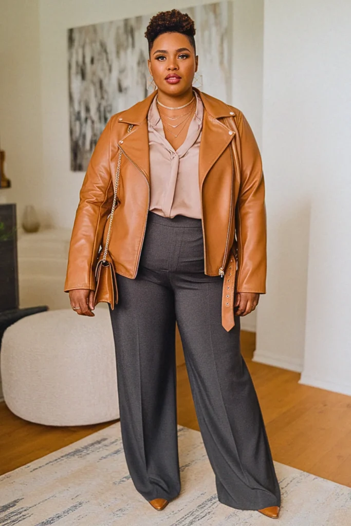 Plus Size Faux Leather Moto Jacket Business Casual Fall Outfit