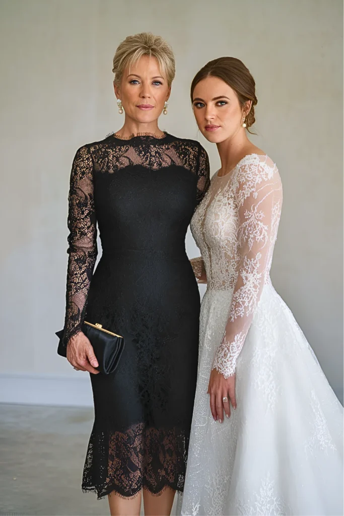 Chic Black Lace Illusion Long Sleeve Mother of the Bride Dress