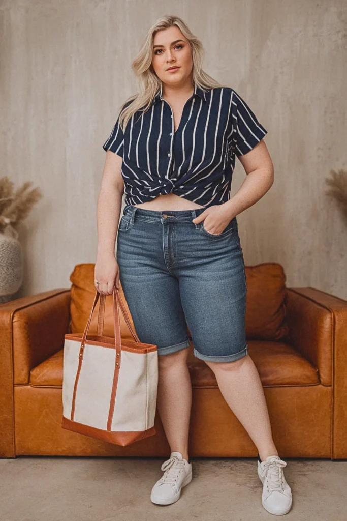 Plus Size Summer Bold Striped Button-Down with Shorts Jeans Outfit