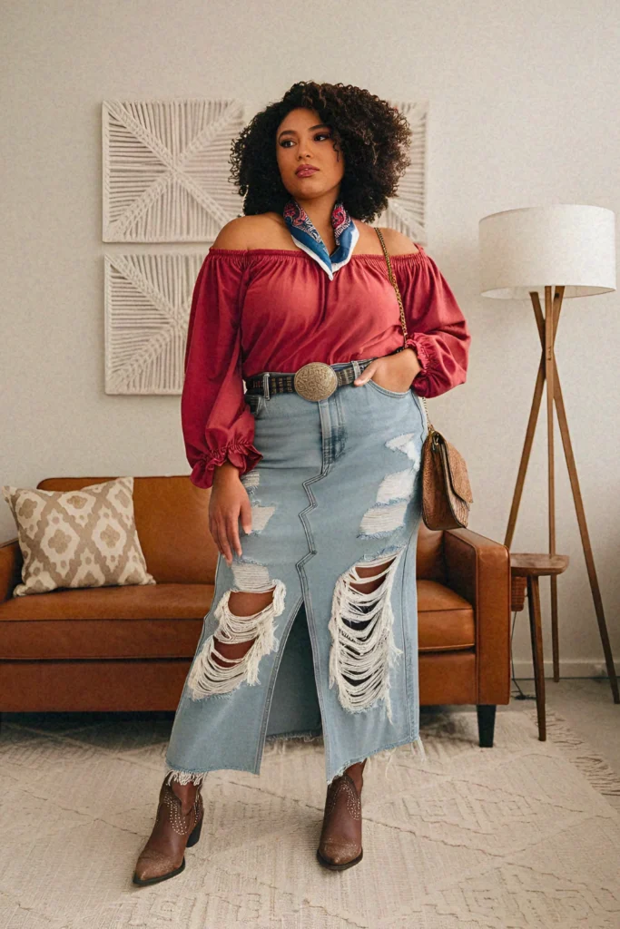 Plus Size Summer Distressed Denim Long Skirt Outfit