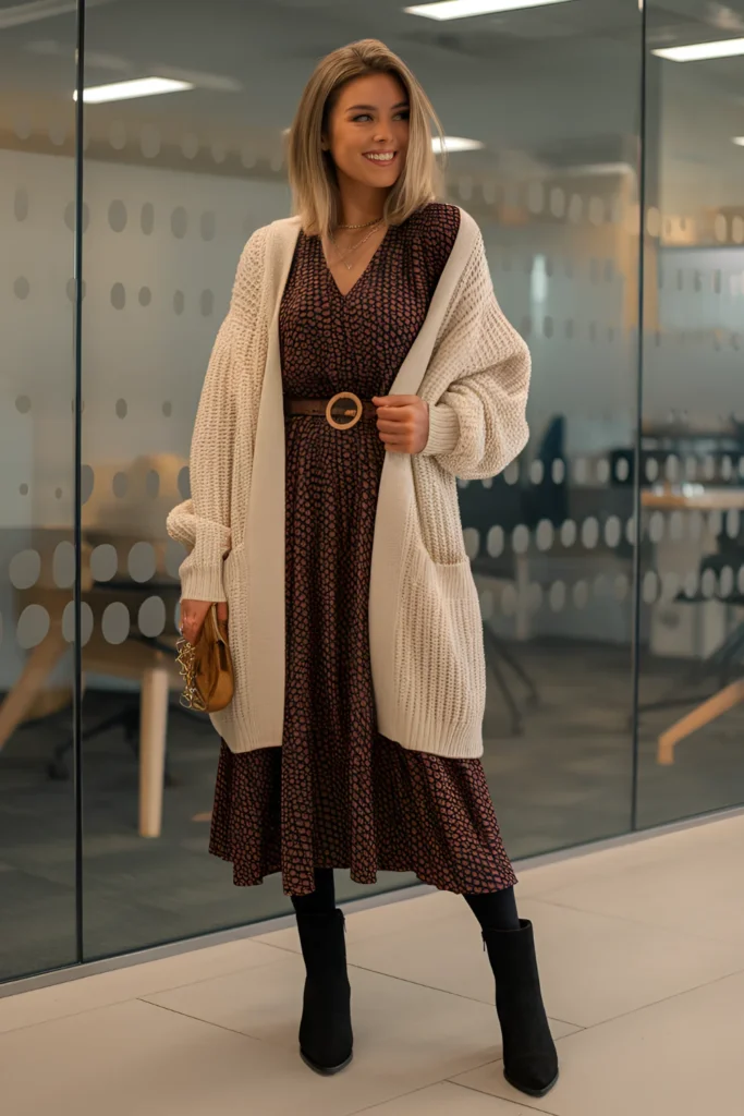 Winter Midi Dress and Chunky Cardigan Work Outfit