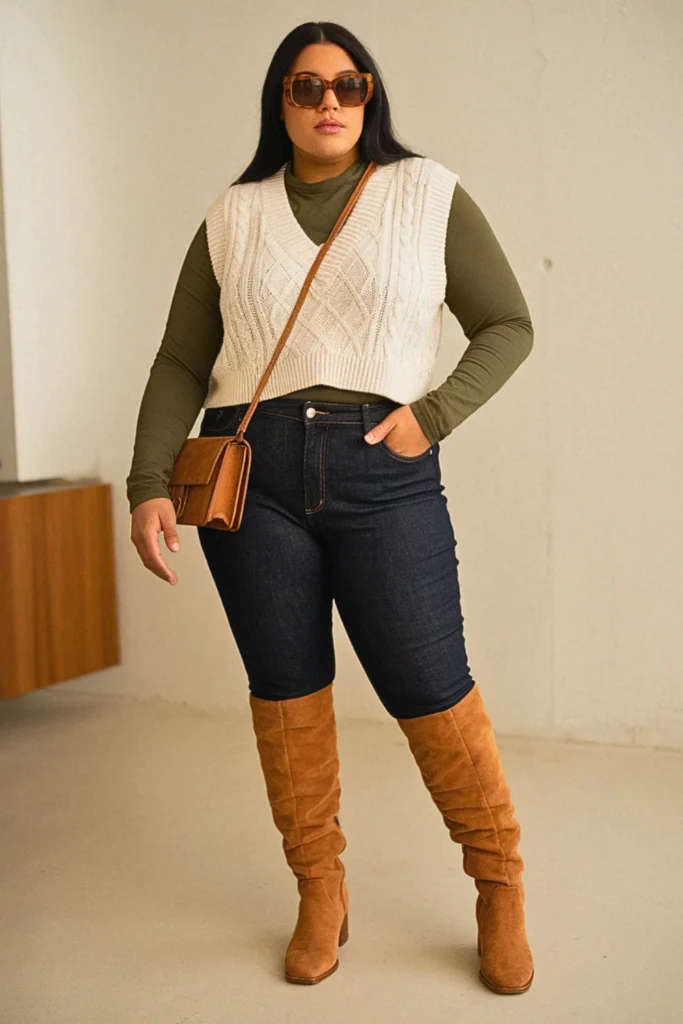 Plus Size Cute Cropped Cardigan Sweater Vest Fall Outfit