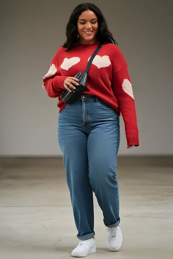 Plus Size Valentine's Cozy Red Sweater with High-Waisted Jeans Outfit