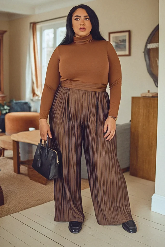 Plus Size Turtleneck and Pleated Trousers Fall Outfit