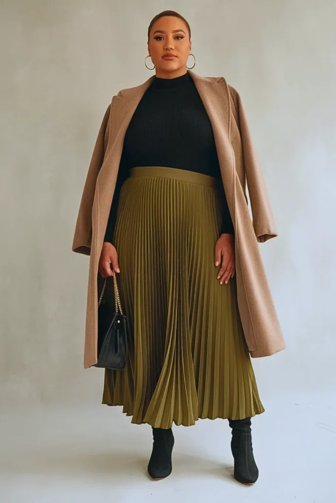 Plus Size Autumn Forest Green Pleated Maxi Skirt Outfit
