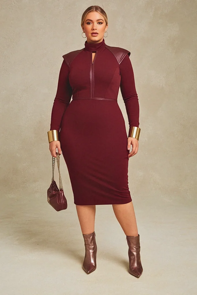 Plus Size Leather-Accented Bodycon Wedding Guest Dress