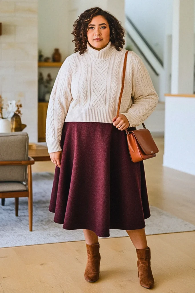 Plus Size Preppy Fisherman Sweater and Midi Skirt Fall Outfit