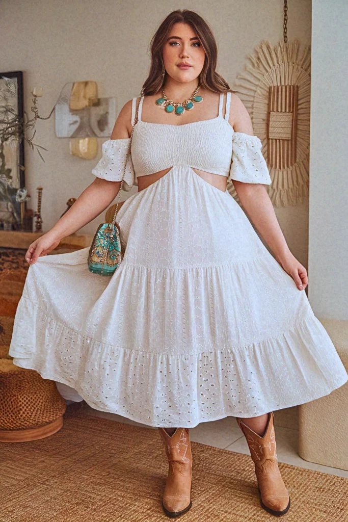 Plus Size Summer White Eyelet Off-Shoulder Nashville Outfit