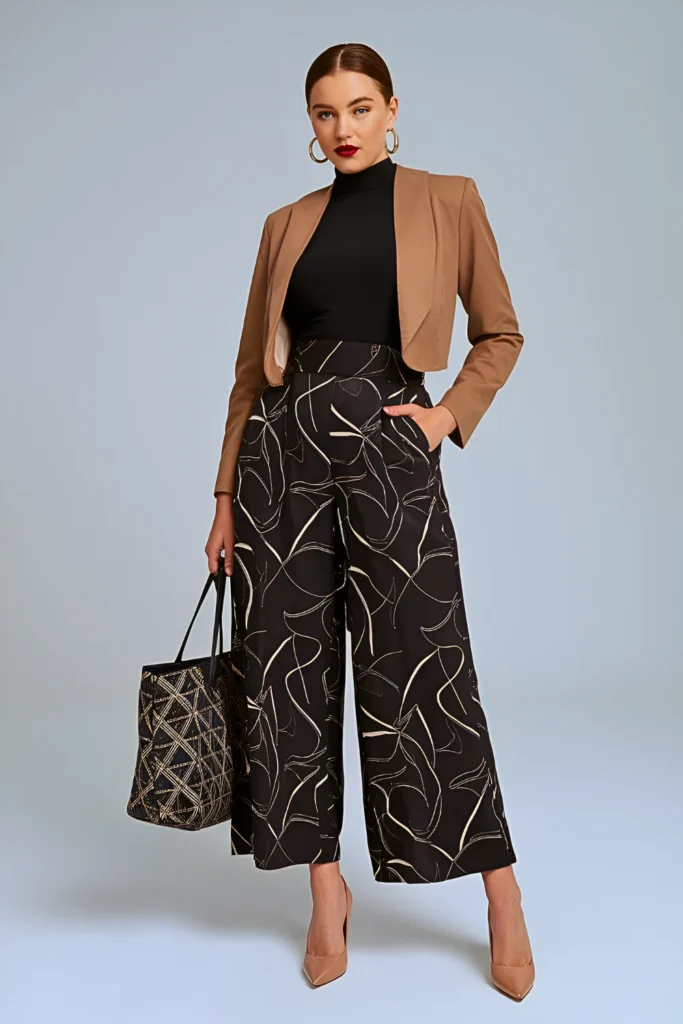 Spring Abstract Print Culottes Office Outfit