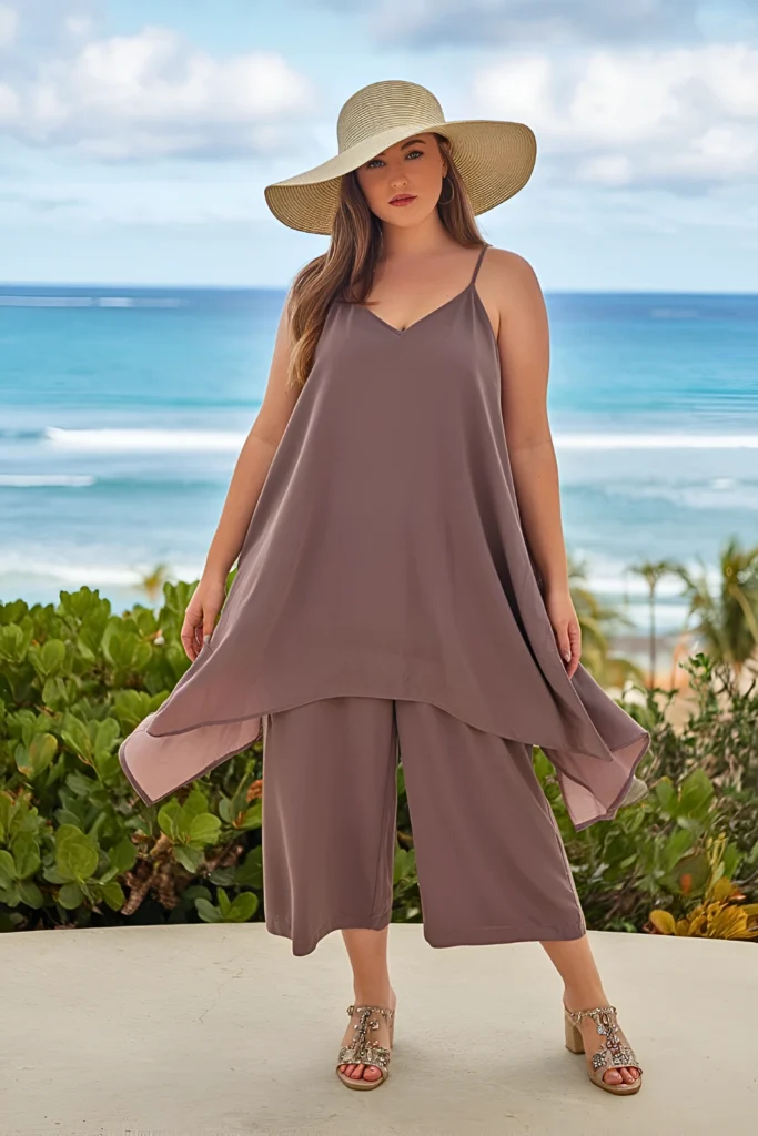 Plus Size Summer Handkerchief Hem Tunic With Cropped Pants Holiday Outfit