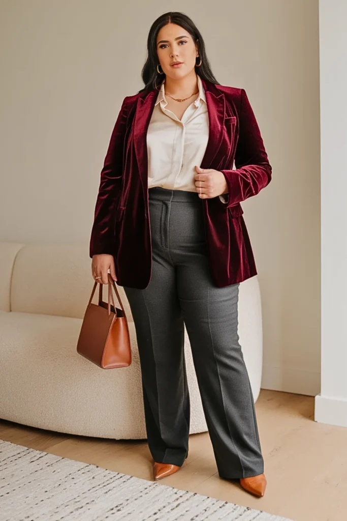 Plus Size Burgundy Velvet Blazer Autumn Outfit