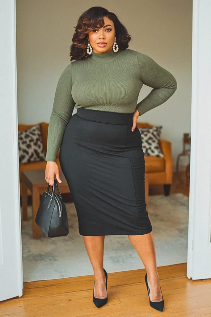 Plus Size Mock Neck Sweater and Pencil Skirt Fall Outfit