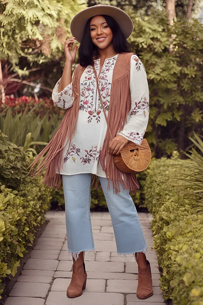 Floral Embroidered Tunic and Cropped Jeans