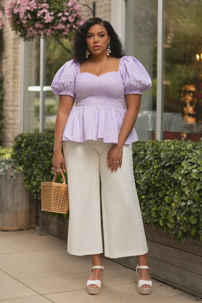 Plus Size Aesthetic Smocked Peplum Top and Wide-Leg Crops Summer Outfit