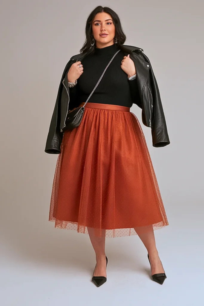 Plus Size Autumn Rust Orange Tulle Midi Skirt Outfit