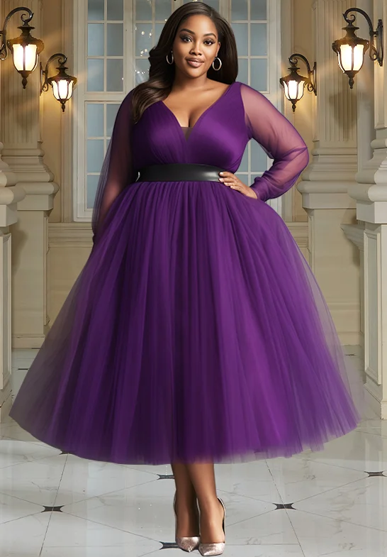 Plus Size Cocktail Party Purple Tulle Midi Dress
