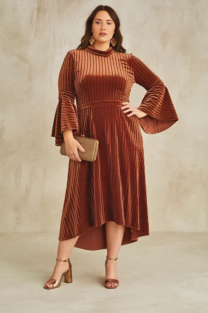 Plus Size Bell-Sleeve Burnout Velvet Wedding Guest Dress