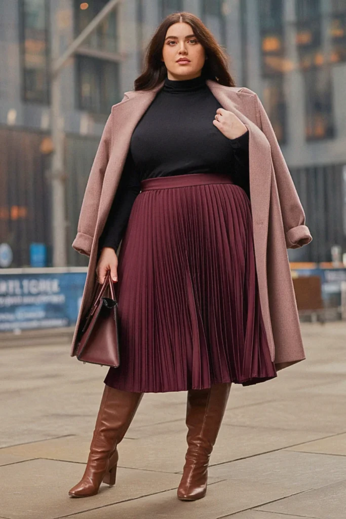 Plus Size New York Turtleneck and Pleated Skirt Fall Outfit
