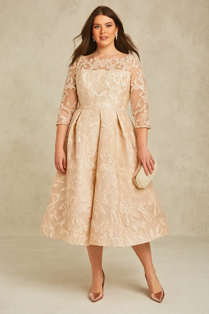 Embroidered Overlay Plus Size Semi-Formal Wedding Guest Dress