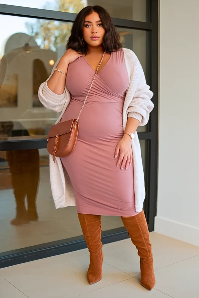 Plus Size Soft Dusty Rose Midi Dress Autumn Outfit