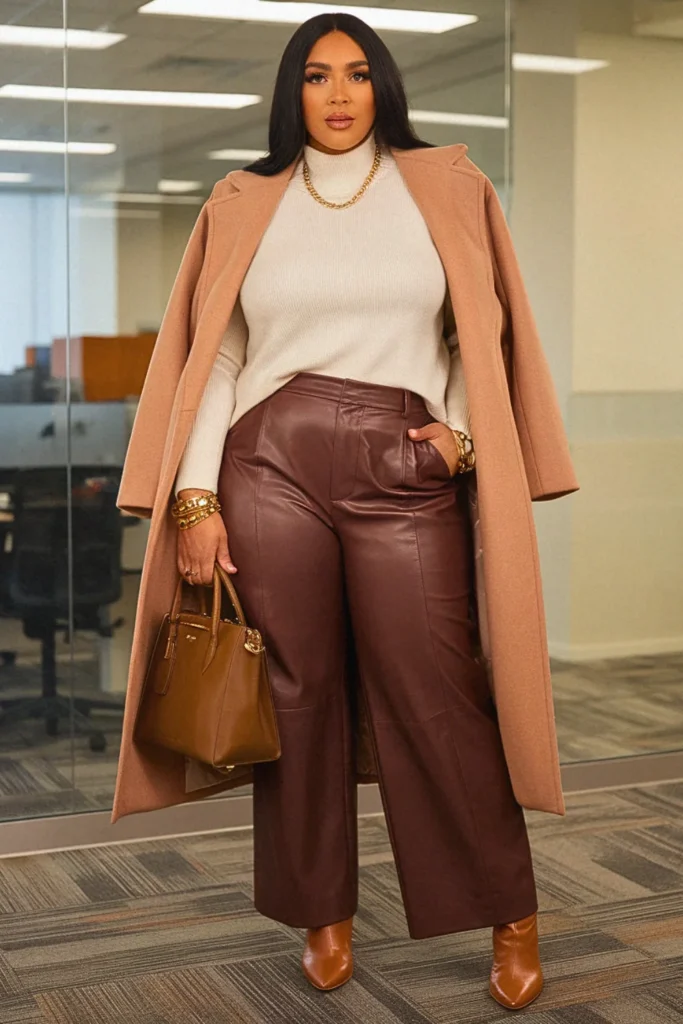 Plus Size Fall Leather Pants Corporate Fashion Outfit