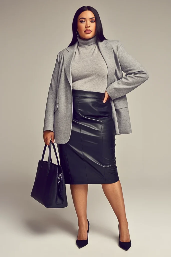 Plus Size Autumn Black Leather Pencil Skirt Outfit