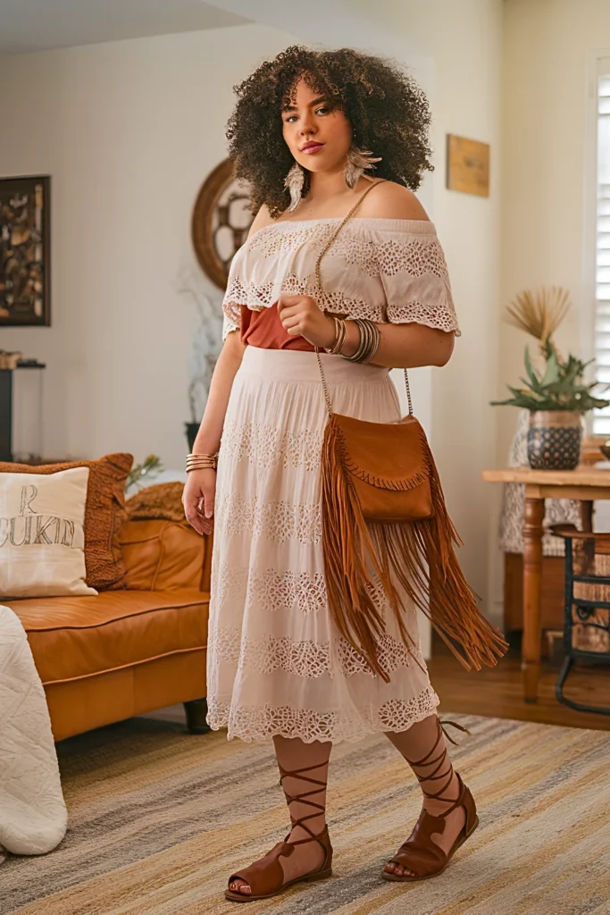 Plus Size Boho Crochet Overlay Summer Skirt Outfit