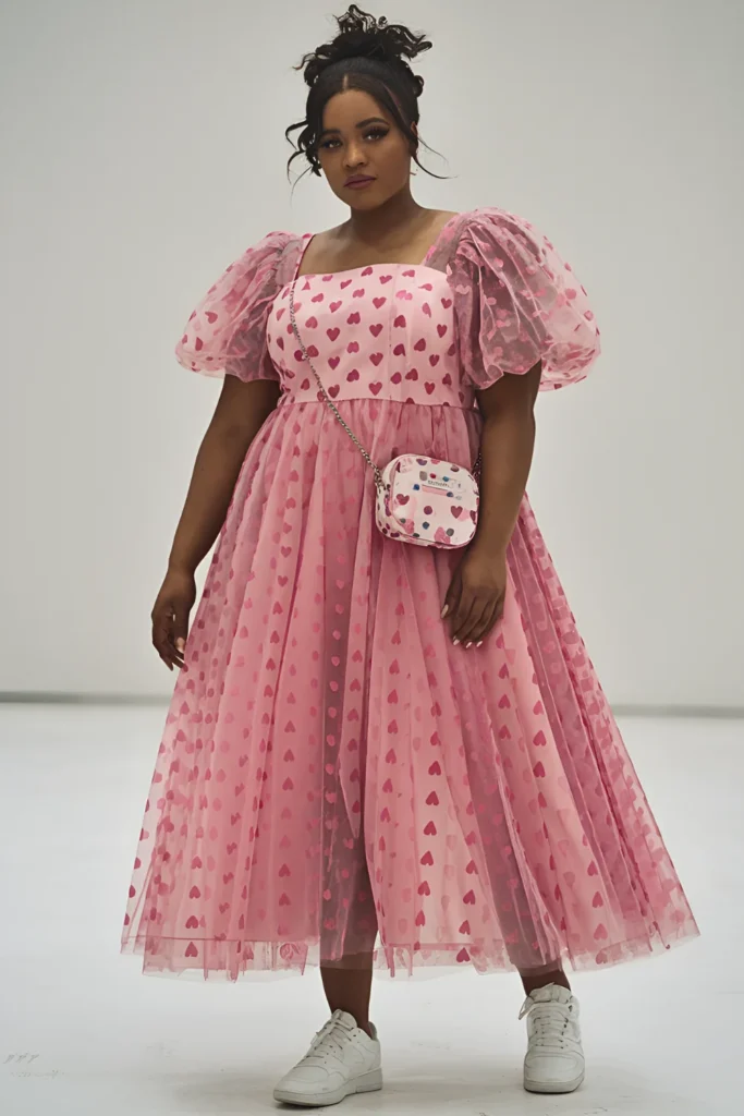 Plus Size Valentine's Pink Puff-Sleeve Dress With Heart Prints Outfit