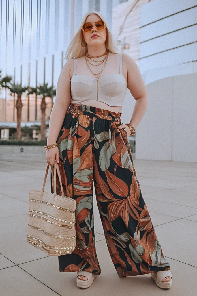 Plus Size Summer Bandeau Crop Top and Palazzo Set Vegas Outfit