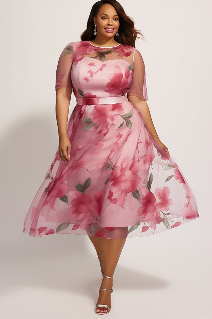Plus Size Valentine's Pink Floral Round Neck Short Sleeve Chiffon Midi Dress