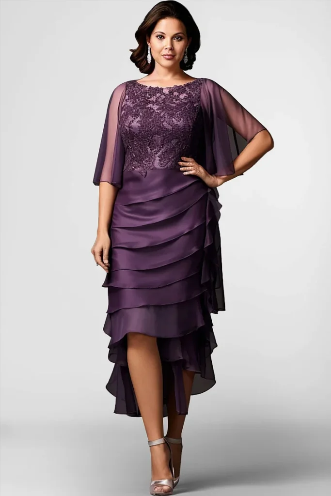 Plus Size Mother Of The Bride Dark Purple High Low Hem Tea-length Dress