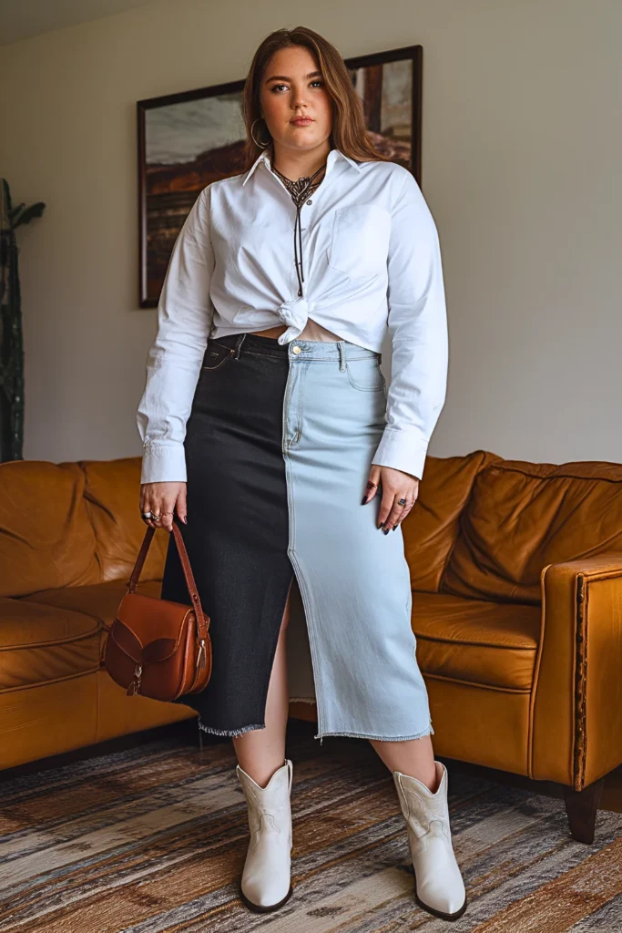 Plus Size Two-Tone Denim Summer Skirt Outfit