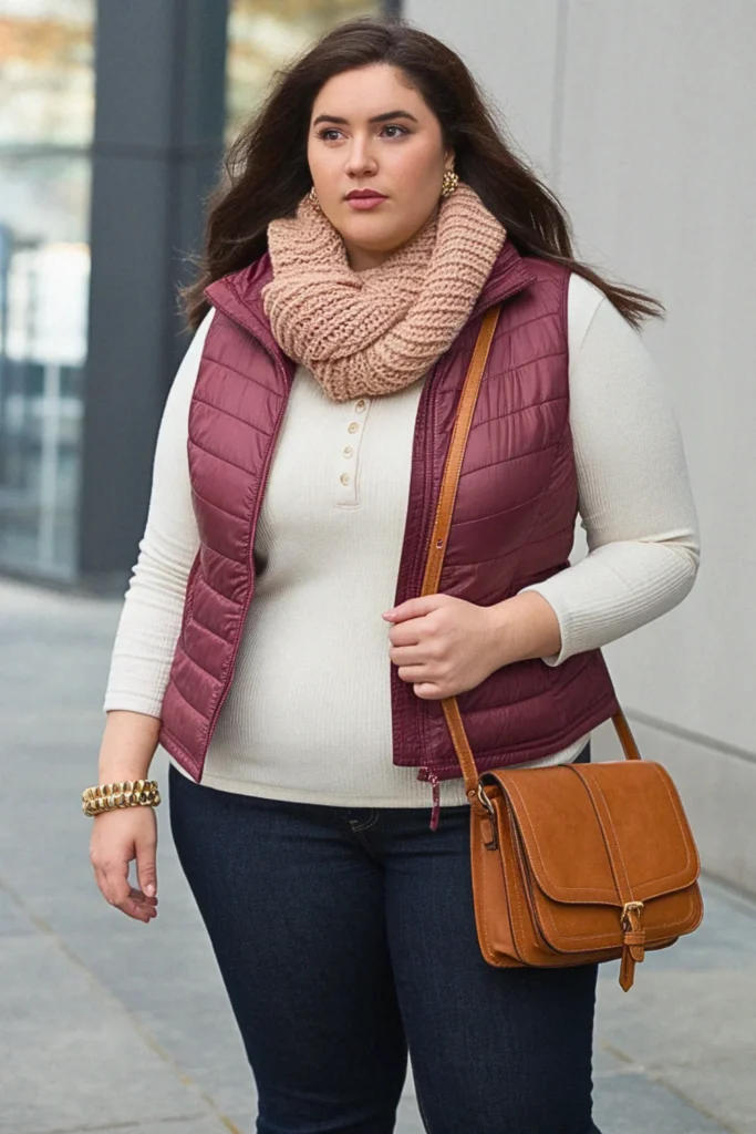 Plus Size Burgundy Puffer Vest Casual Weekend Fall Outfit