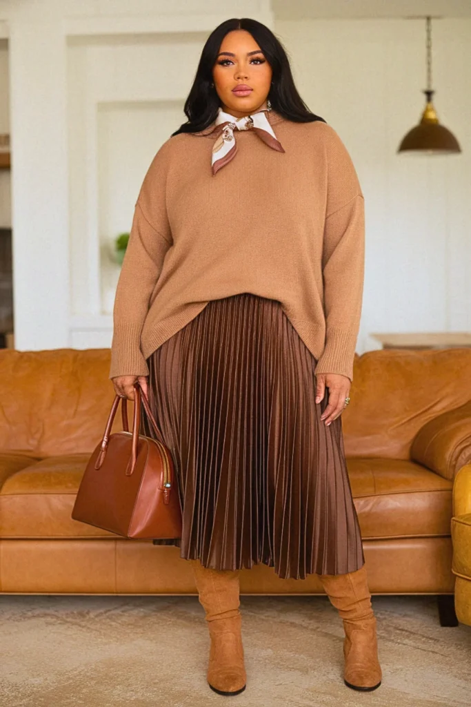 Plus Size Cashmere Sweater and Pleated Skirt Fall Outfit