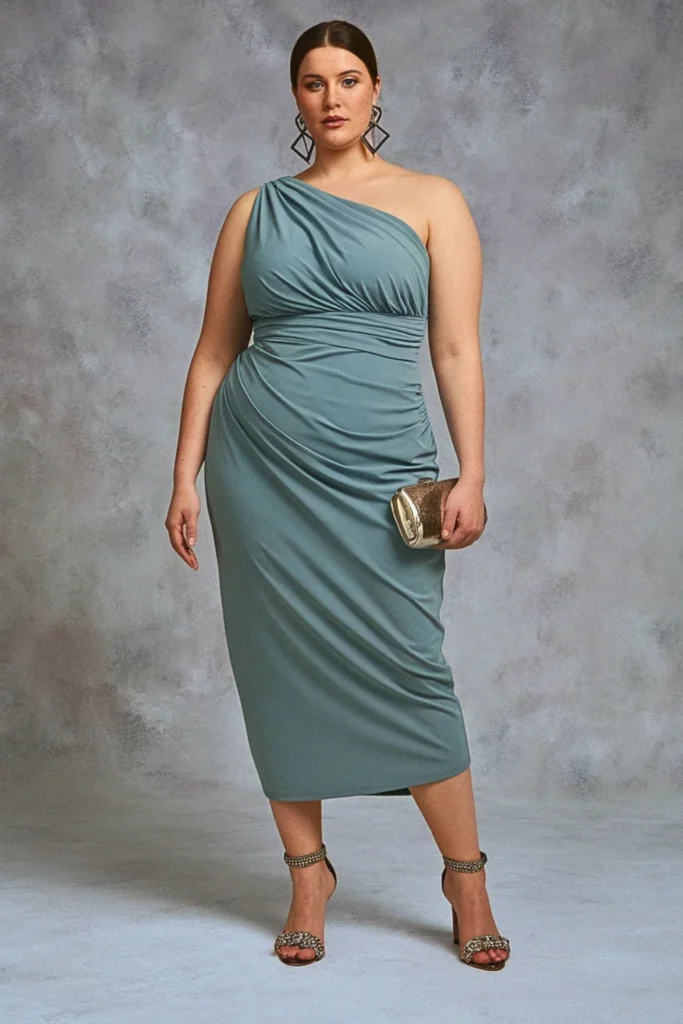Plus Size One-Shoulder Draped Midi Wedding Guest Dress