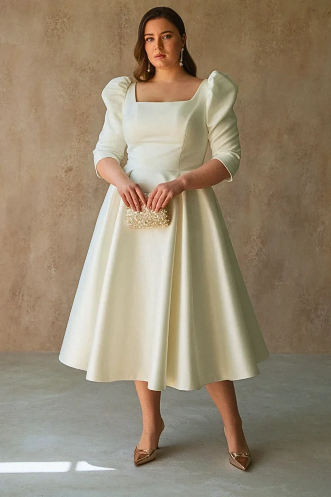 Plus Size Square Neck Mikado Midi Wedding Guest Dress