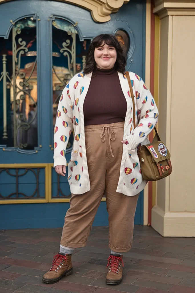 Plus Size Winter Up Balloon Print Cardigan and Turtleneck with Chinos Disney Outfit