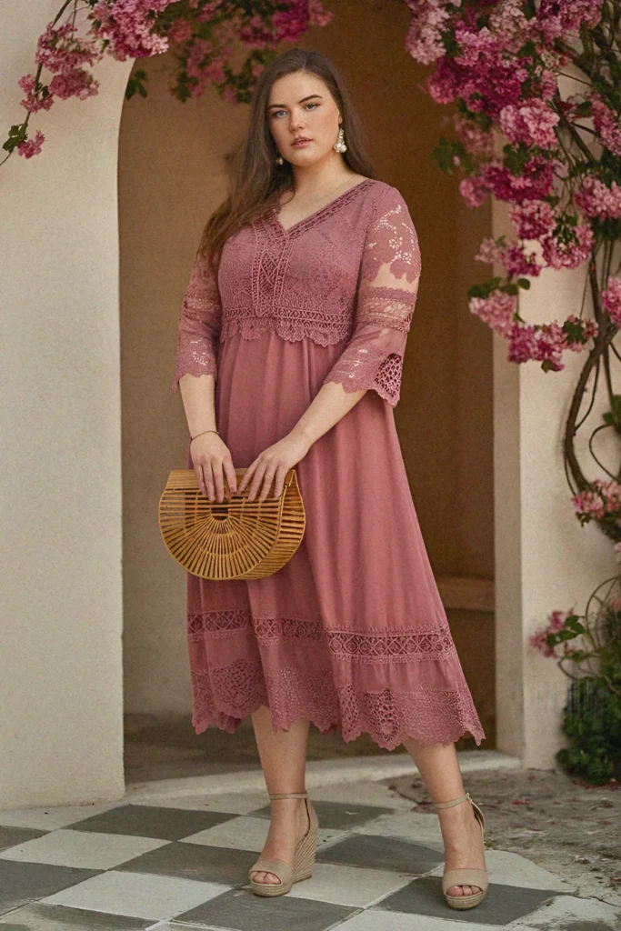 Plus Size Aesthetic Crochet Overlay Midi Dress Summer Outfit