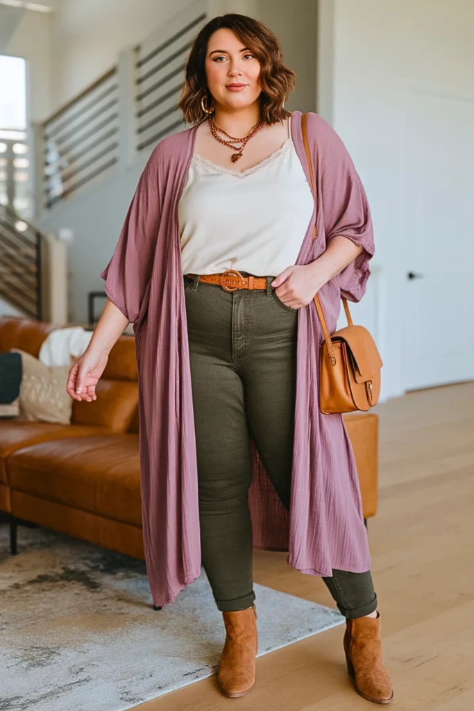 Plus Size Soft Dusty Mauve Kimono Autumn Outfit