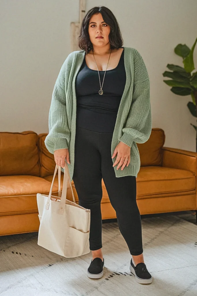 Plus Size Cardigan Over Tank Top with Leggings Fall Outfit