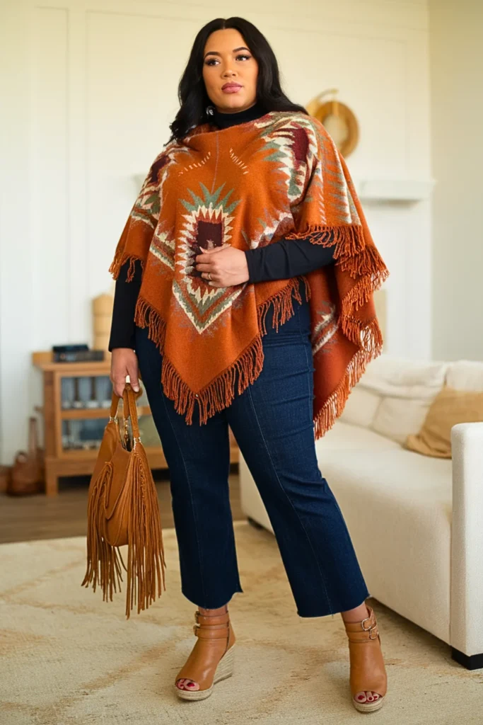 Plus Size Poncho Straight Leg Pants Fall Winter Outfit