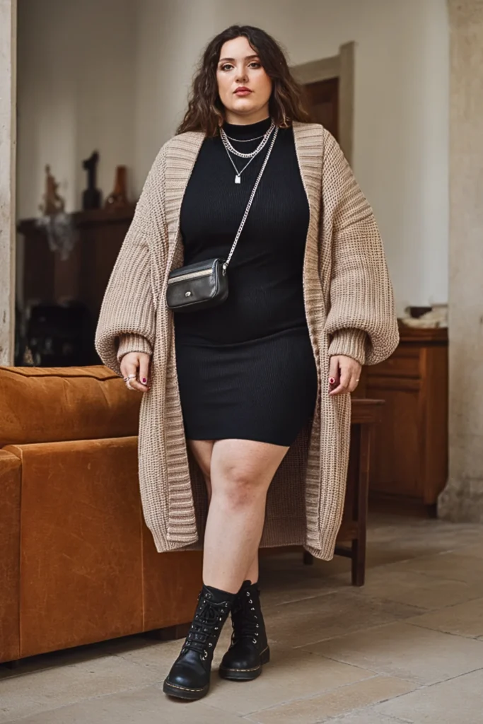 Plus Size Chunky Cardigan with Thermal Dress and Combat Boots Winter Outfit