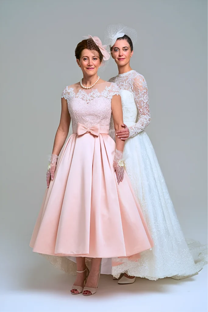 Vintage-Inspired Blush Tea Length Mother of the Bride Dress