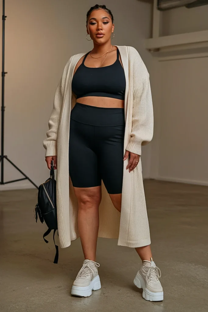 Plus Size Longline Cardigan Bike Shorts Fall Outfit