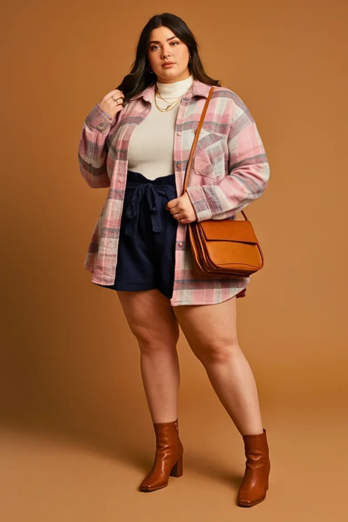 Plus Size Casual Flannel Shirt and Paper Bag Shorts Autumn Outfit