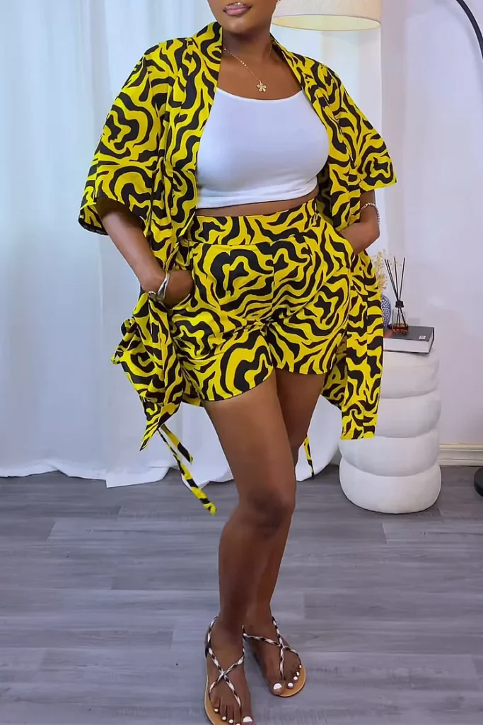 Plus Size Vacation Yellow Graphic Short Sleeve Ruched Pocket Two Piece Short Set