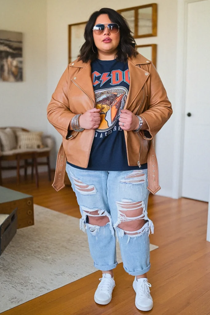 Plus Size Leather Jacket Casual Fall Outfit