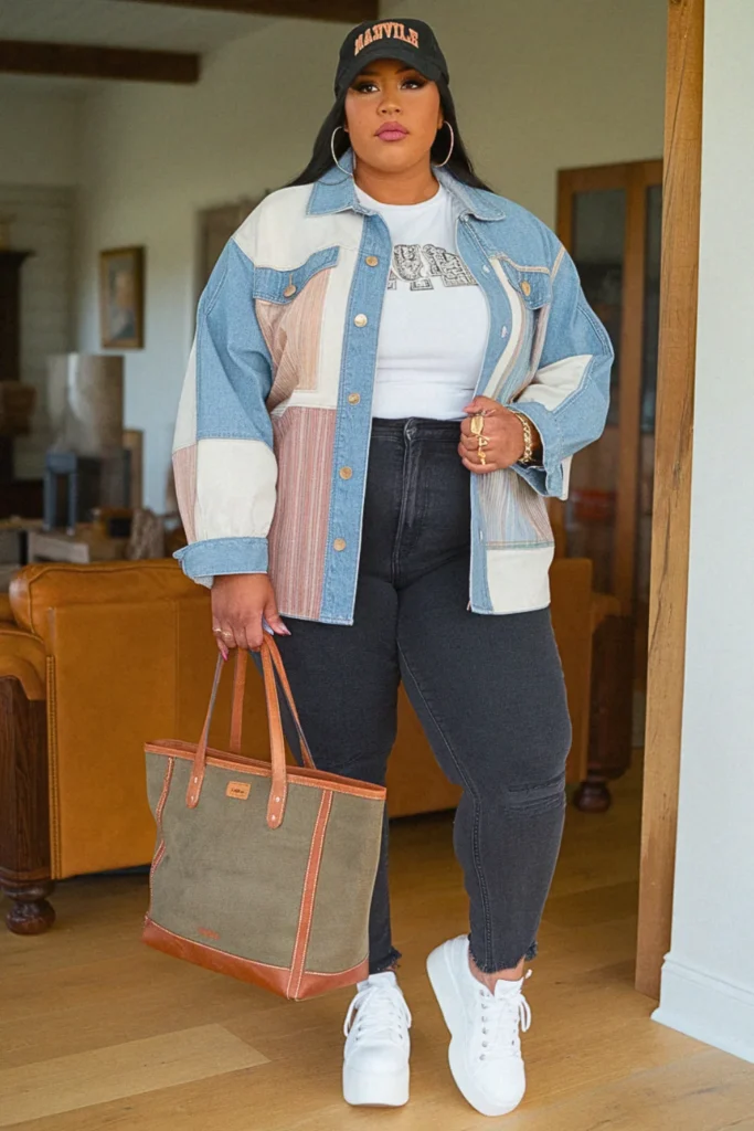 Plus Size Fall Patchwork Denim Jacket Nashville Outfit