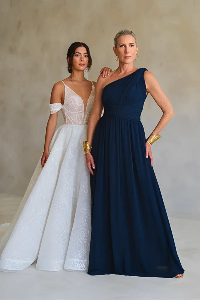 Elegant Navy Blue Chiffon Draped One-Shoulder Mother of the Bride Dress